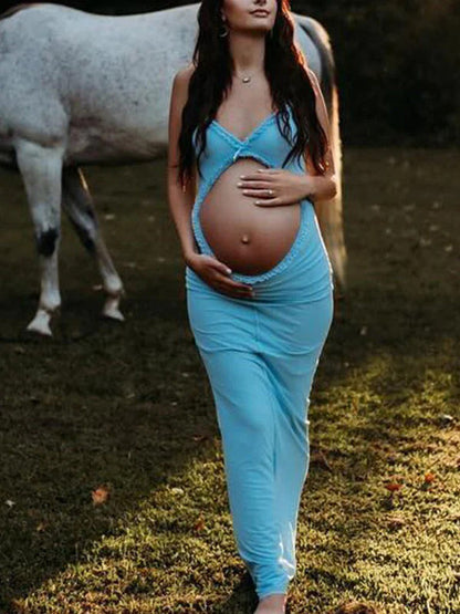 Vestido Maxi De Maternidad Ajustado Con Tirantes Finos, Volantes Y Lazo Falbala De Tul