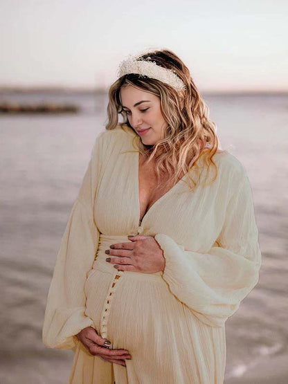 Vestido Maxi Maternidad Boho Elegante Botones Simples Abierto Para Fotos