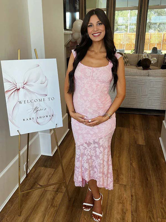 Rosa Encaje Acanalado Corsé Alto-bajo Depósito Sirena Para Baby Shower Maternidad Vestido Largo