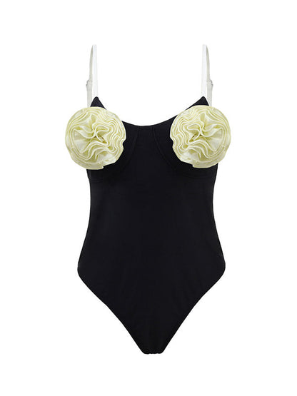 Bañador De Maternidad Negro Con Flores 3D