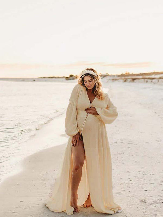Vestido Maxi Maternidad Boho Elegante Botones Simples Abierto Para Fotos