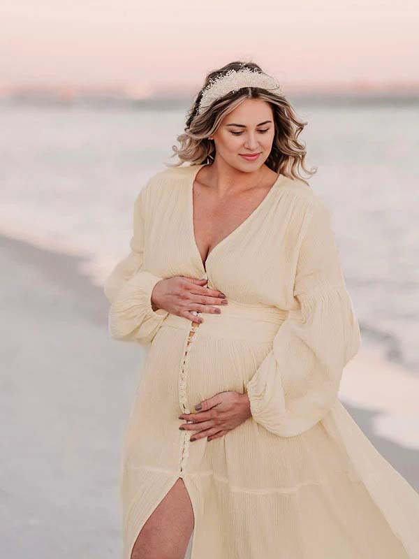 Vestido Maxi Maternidad Boho Elegante Botones Simples Abierto Para Fotos