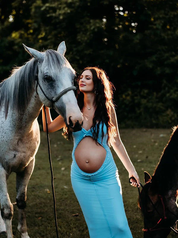 Vestido Maxi De Maternidad Ajustado Con Tirantes Finos, Volantes Y Lazo Falbala De Tul