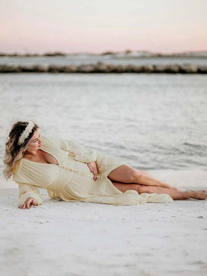 Vestido Maxi Maternidad Boho Elegante Botones Simples Abierto Para Fotos