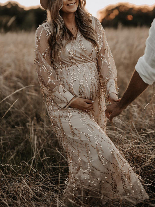 Albaricoque Lentejuelas Borla Tul Acanalado Espalda Anudada Bohemios Fotografía Maternidad Vestido Largo