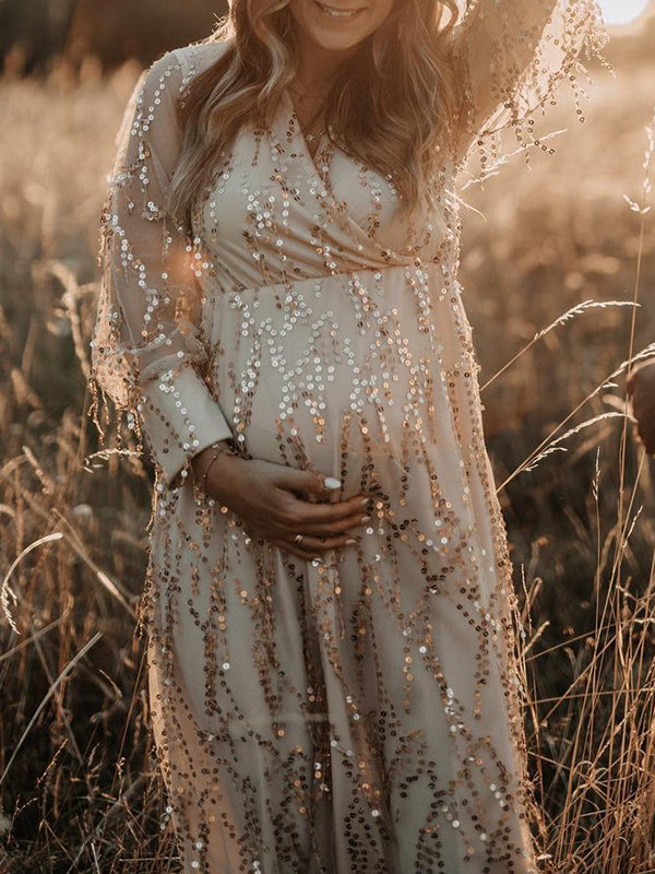 Albaricoque Lentejuelas Borla Tul Acanalado Espalda Anudada Bohemios Fotografía Maternidad Vestido Largo