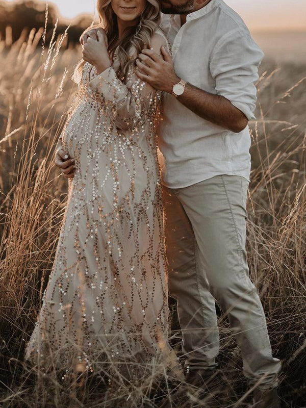 Albaricoque Lentejuelas Borla Tul Acanalado Espalda Anudada Bohemios Fotografía Maternidad Vestido Largo