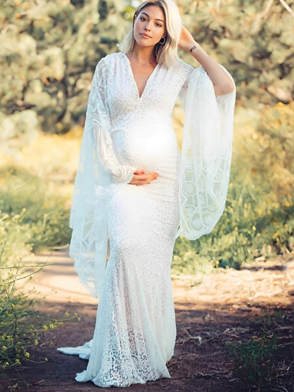 Blanco Encaje Trompeta Cuello en V Manga Murciélago Fotografía Maternidad Vestido Largo