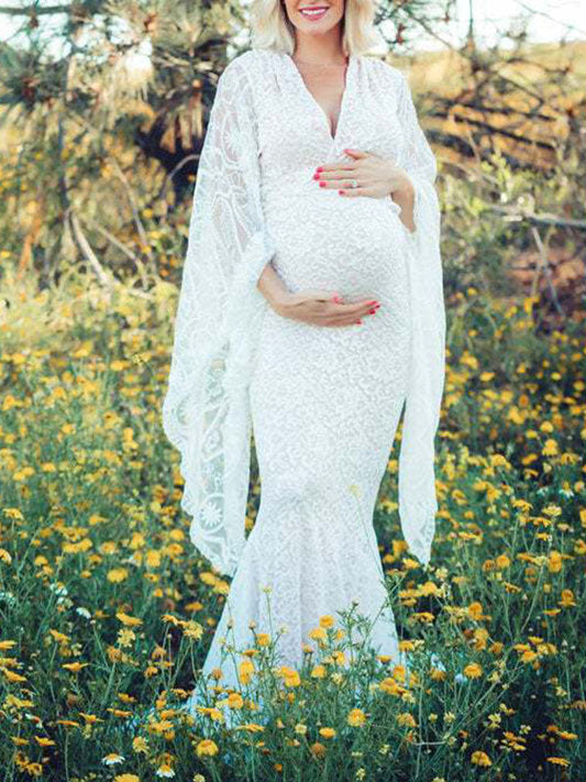 Blanco Encaje Trompeta Cuello en V Manga Murciélago Fotografía Maternidad Vestido Largo