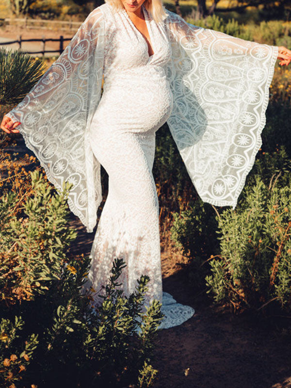 Blanco Encaje Trompeta Cuello en V Manga Murciélago Fotografía Maternidad Vestido Largo