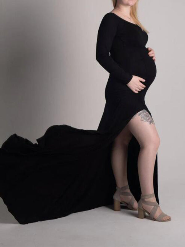 División Lateral Sirena Sin Hombros Ajustado Fotografía Maternidad Vestido Largo