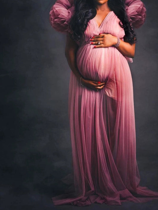 Vestido largo maternidad plus size tul volantes escote V abertura para baby shower