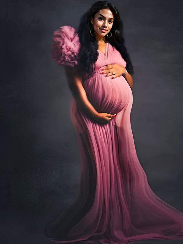Vestido largo maternidad plus size tul volantes escote V abertura para baby shower