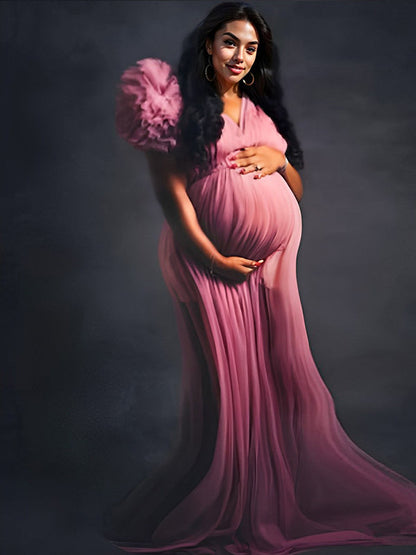 Vestido largo maternidad plus size tul volantes escote V abertura para baby shower
