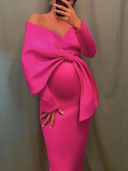 Sin Hombros Irregular Volantes Lazo Abertura Ajustado Talla Extra Para Baby Shower Maternidad Vestido Largo