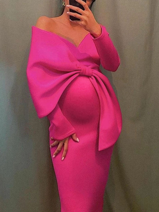 Sin Hombros Irregular Volantes Lazo Abertura Ajustado Talla Extra Para Baby Shower Maternidad Vestido Largo