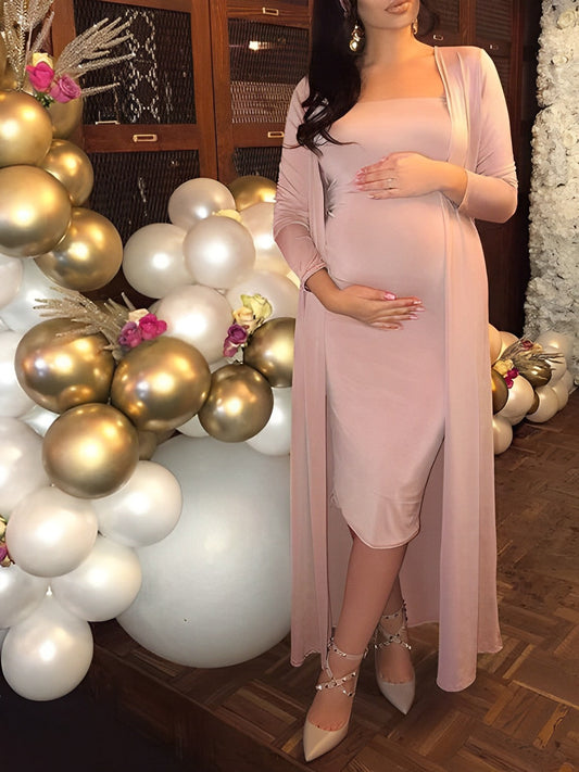 Rosa Alambre Brillante Manga Larga Conjunto De Dos Piezas Ajustado Vestidos Para Baby Shower Conjunto Cardigan