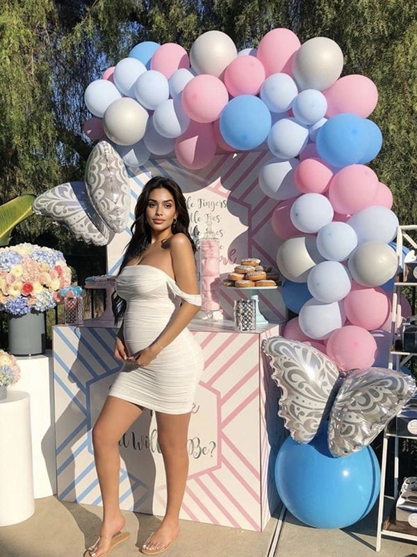 Blanco Grenadine Mesh Sin Hombros Volante Acanalado Ajustado Vestidos Para Baby Shower