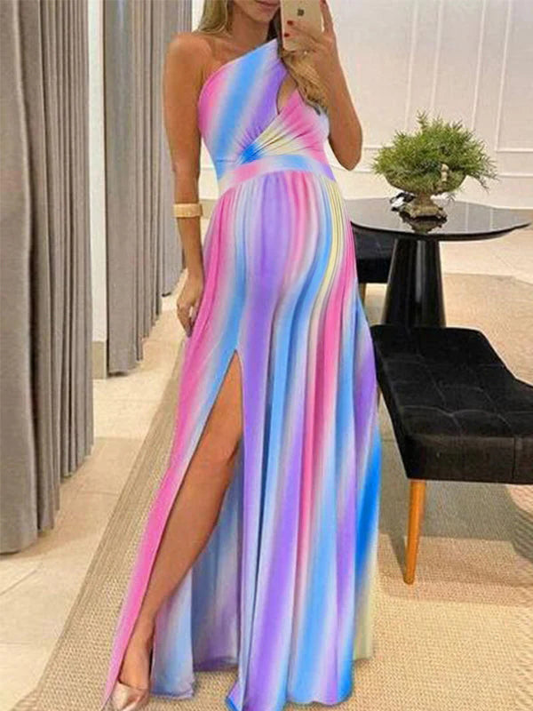 Vestido Maxi de Revelación de Género de Corte Asimétrico en Rosa y Azul