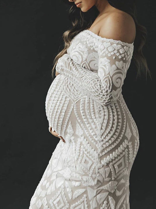 Blanco Encaje Lentejuelas Hombros Descubiertos Sirena Vestido De Novia Baby Shower Elegante Formal Vestidos De Foto De Maternidad