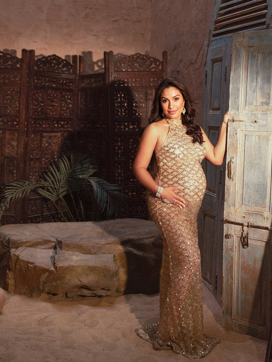 Sin Hombros Espalda Descubierta Lentejuelas Sirena Escote Halter Banquete Fotografía Maternidad Vestido Largo