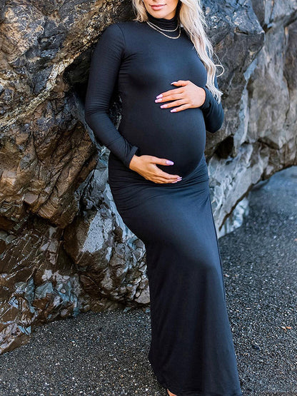 Vestido Largo  Para Baby Shower Maternidad  con Cuello Alto Abertura Lateral Ajustado