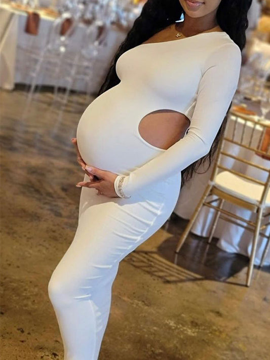 Un Hombro Recorte Irregular Ajustado Manga Larga Moda Baby Shower Maternidad Vestido Largo