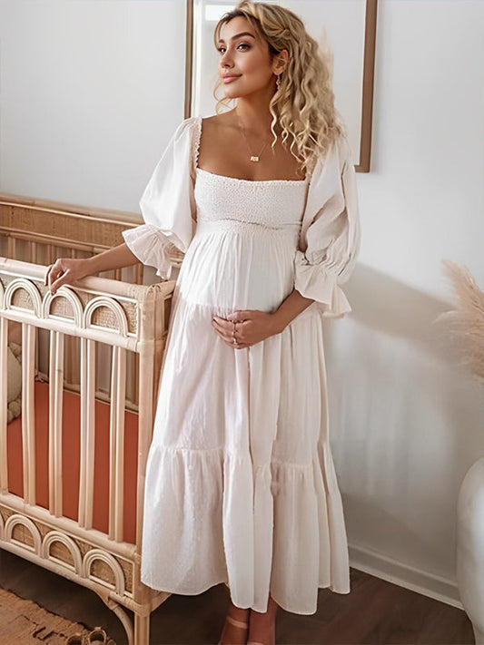 Blanco Sin Hombros Volantes Manga Globo Lazo BohemioI Maternidad Vestido Largo