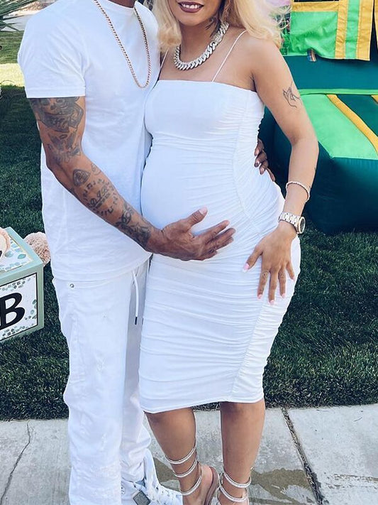 Vestido Midi de Maternidad con Tirantes , Espalda Descubierta y Volantes para Baby Shower