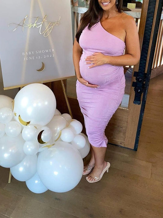 Vestido Midi Elegante con Manga de Un Hombro Fruncido para Baby Shower