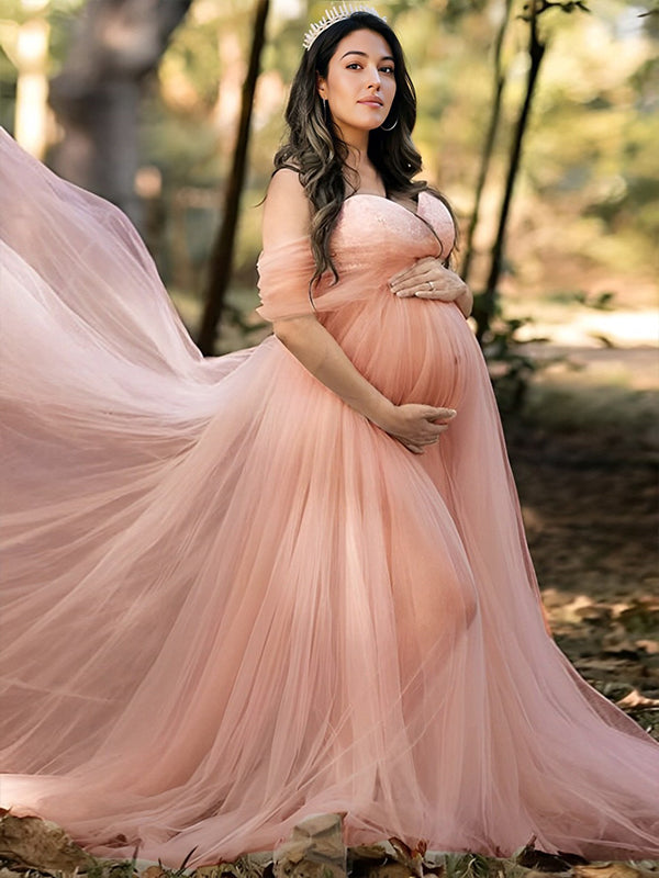 Vestido De Foto De Maternidad con Tul Granadino Encaje y Sin Hombros Elegante