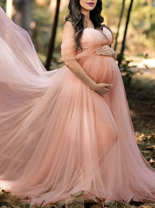 Vestido De Foto De Maternidad con Tul Granadino Encaje y Sin Hombros Elegante