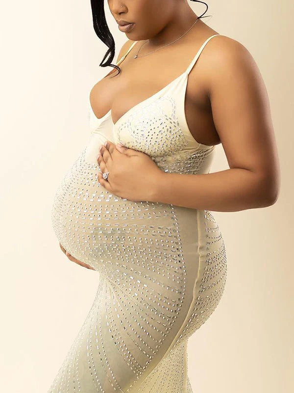 Vestido Elegante para Sesiones de Fotos con Tirantes de Espagueti y Malla para Premamá