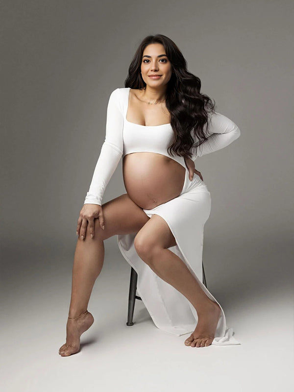 Vestido Maxi De Maternidad Con Volantes, Abertura Lateraly Ajustado Para Sesión De Fotos