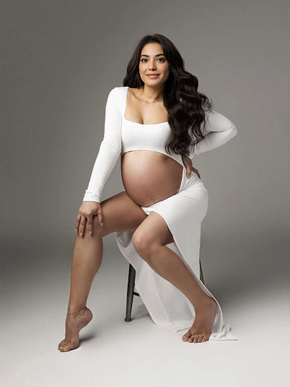 Vestido Maxi De Maternidad Con Volantes, Abertura Lateraly Ajustado Para Sesión De Fotos