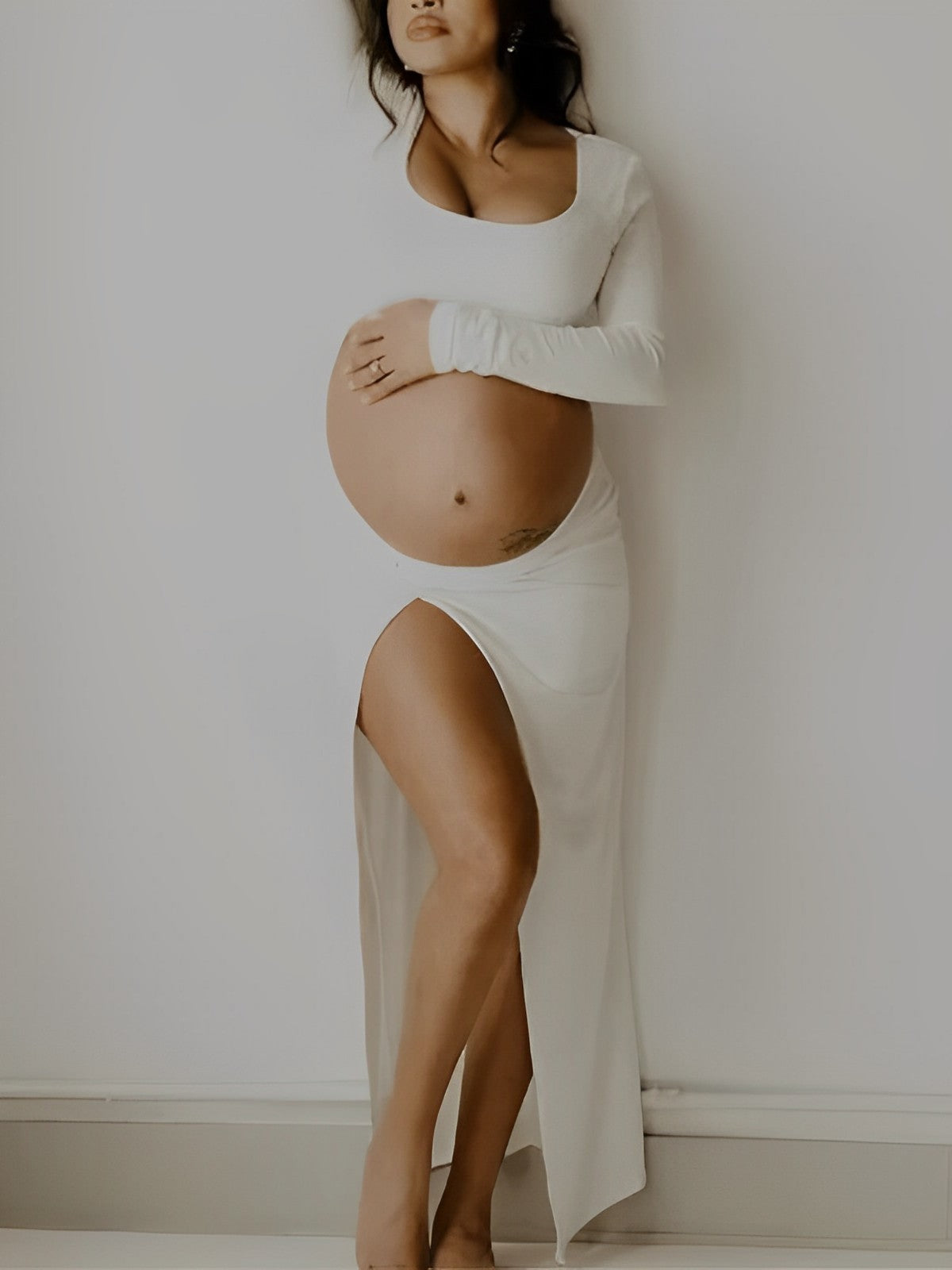 Vestido Maxi De Maternidad Con Volantes, Abertura Lateraly Ajustado Para Sesión De Fotos