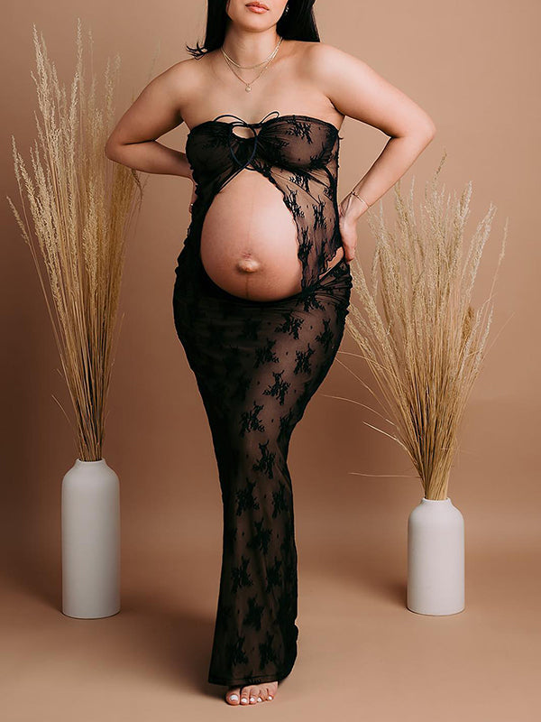 Encaje Conjunto De Dos Piezas Escote Palabra De Honor Lazada Volantes Elegante Vacaciones Vestidos De Foto De Maternidad
