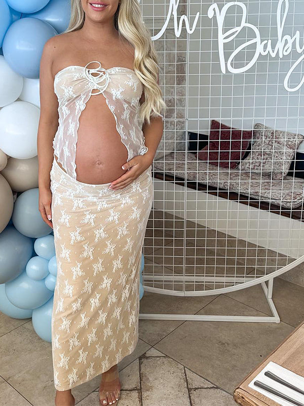 Encaje Conjunto De Dos Piezas Escote Palabra De Honor Lazada Volantes Elegante Vacaciones Vestidos De Foto De Maternidad