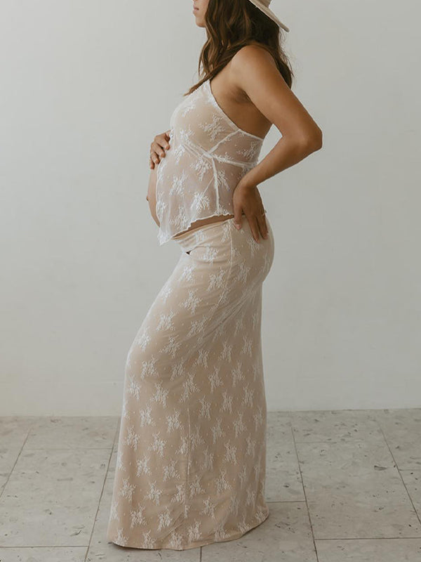 Encaje Conjunto De Dos Piezas Escote Palabra De Honor Lazada Volantes Elegante Vacaciones Vestidos De Foto De Maternidad