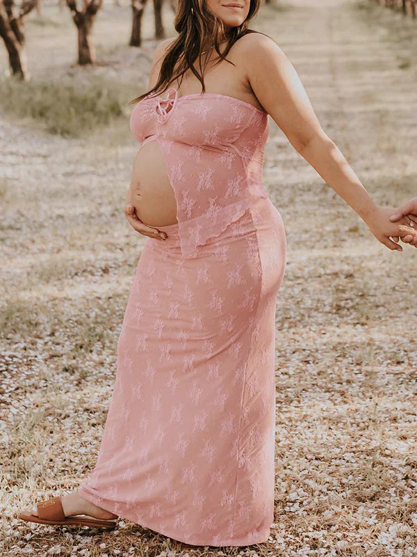 Encaje Conjunto De Dos Piezas Escote Palabra De Honor Lazada Volantes Elegante Vacaciones Vestidos De Foto De Maternidad