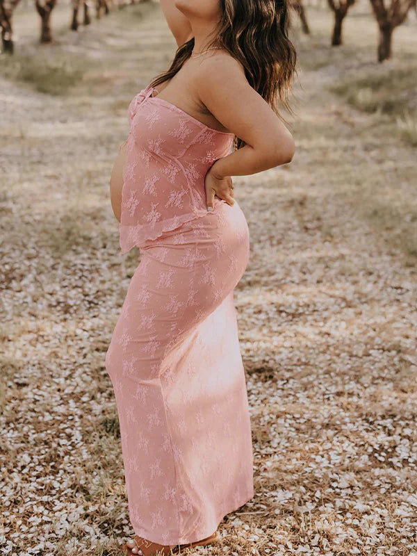 Encaje Conjunto De Dos Piezas Escote Palabra De Honor Lazada Volantes Elegante Vacaciones Vestidos De Foto De Maternidad