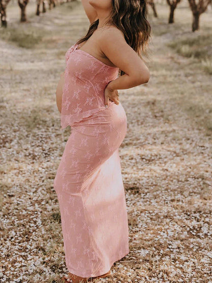 Encaje Conjunto De Dos Piezas Escote Palabra De Honor Lazada Volantes Elegante Vacaciones Vestidos De Foto De Maternidad