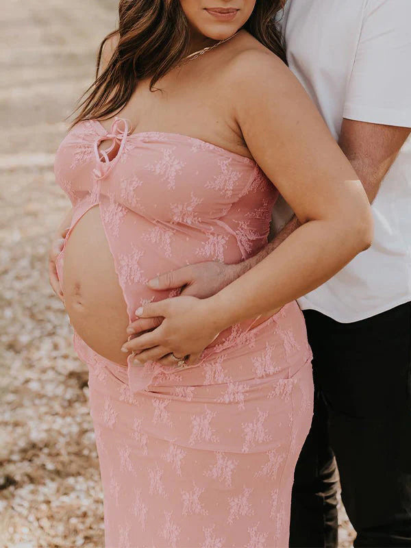 Encaje Conjunto De Dos Piezas Escote Palabra De Honor Lazada Volantes Elegante Vacaciones Vestidos De Foto De Maternidad