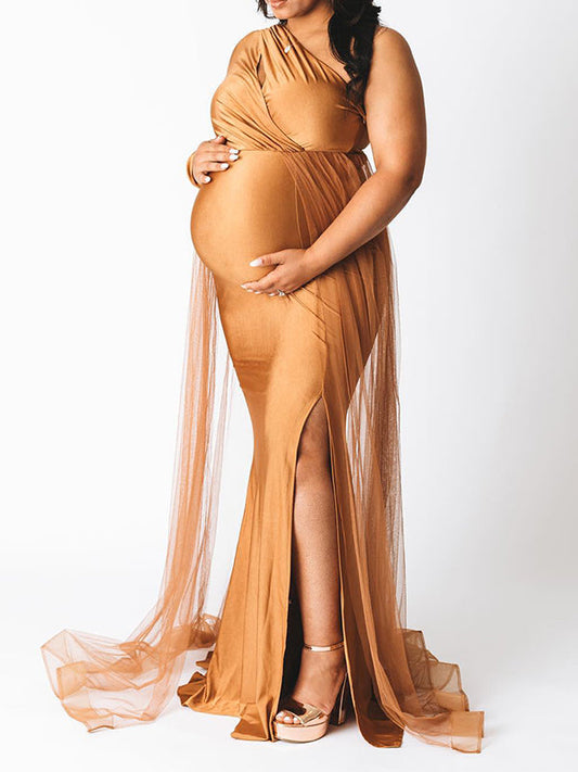 Caqui Un Hombro Calado Tul Con Cola Abertura Talla Extra Elegante Vestido Largo De Foto De Maternidad