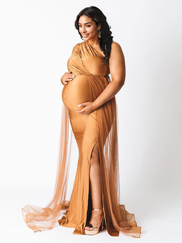 Caqui Un Hombro Calado Tul Con Cola Abertura Talla Extra Elegante Vestido Largo De Foto De Maternidad