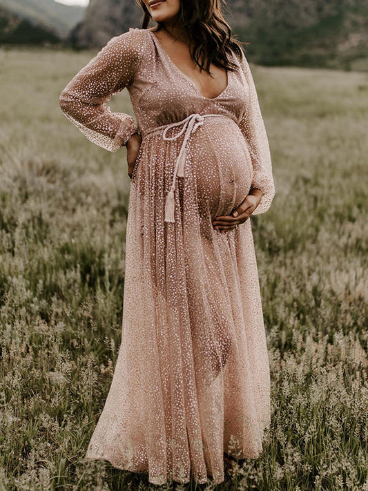 Vestido Largo De Foto De Maternidad Boho con Cuello En V Plisado