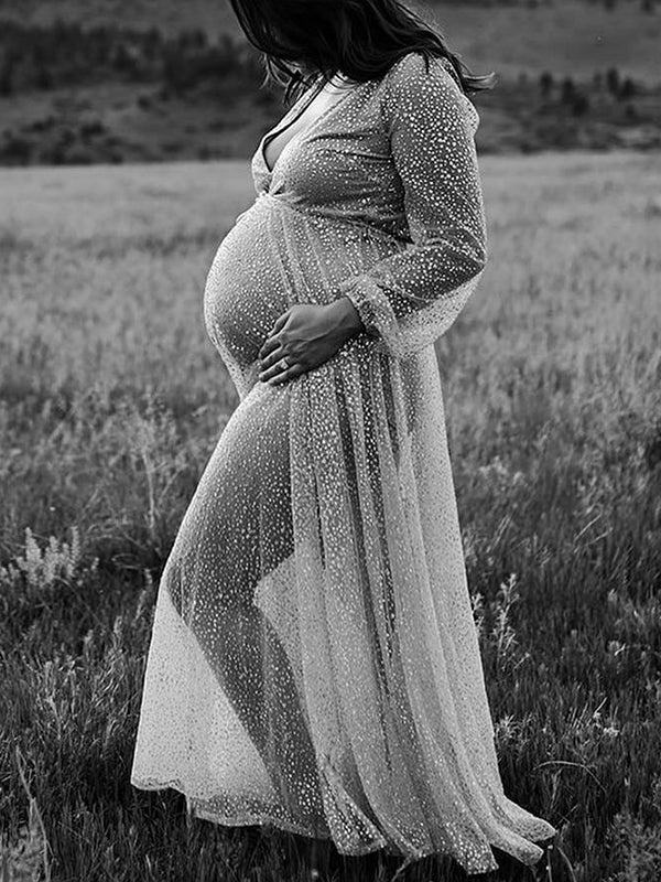 Vestido Largo De Foto De Maternidad Boho con Cuello En V Plisado