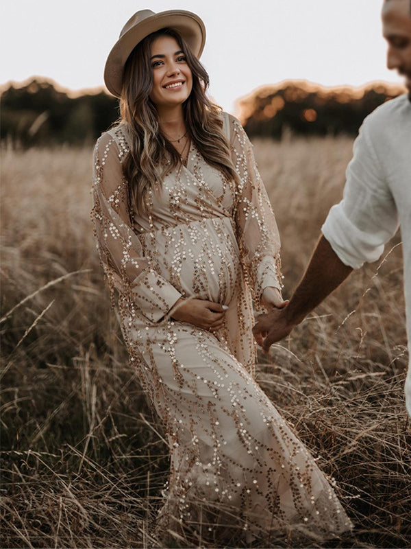 Albaricoque Lentejuelas Borla Tul Acanalado Espalda Anudada Bohemios Fotografía Maternidad Vestido Largo