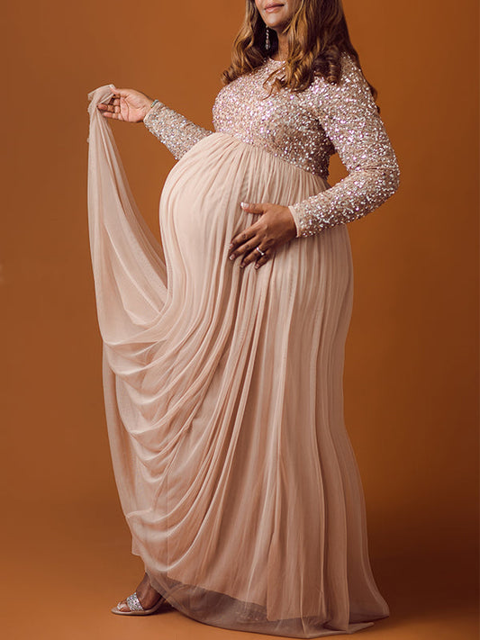 Champán Lentejuelas Tul Empalme Manga Larga Vestido De Fiesta Elegante Vestido Largo De Foto De Maternidad