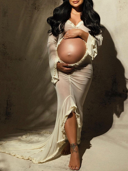 Blanco Marfil Transparente Volantes Calado Abertura Falbala Escote En V Profundo Sirena Elegante Vestido Largo De Foto De Maternidad